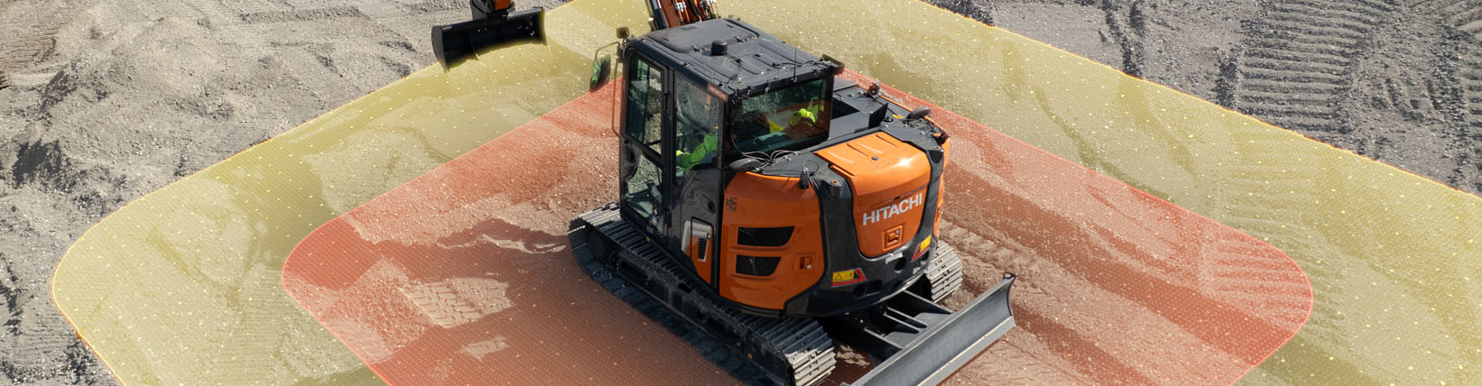 A Hitachi excavator equipped with the Leica Xsight360 safety awareness solution that provides different safety zones to eliminate risks.